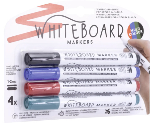 Paquet de marqueurs pour tableau blanc avec quatre stylos de couleurs différentes