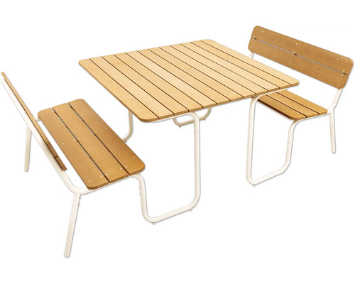 Table pique-nique Soullmate, 4 sièges, 2 modules de banc avec table, plastique, métal, beige Ensemble de table de jardin avec deux bancs en bois et métal