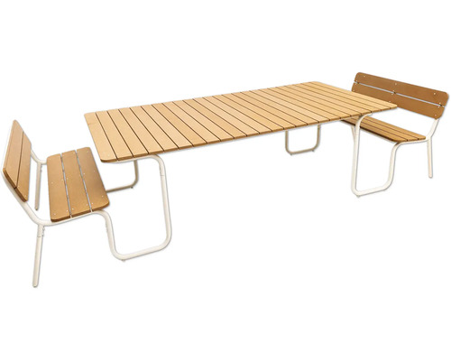 Table pique-nique Soullmate, 4 sièges XL, 2 modules de banc avec table, plastique, métal, beige Ensemble de table de jardin avec table et deux bancs à lattes