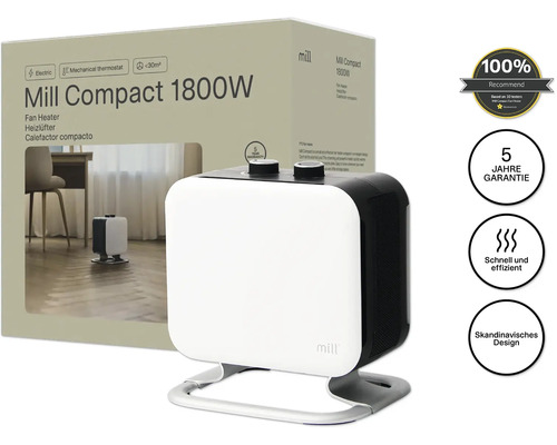 Radiateur soufflant Mill Compact 25,4 x 26,8 cm 1800 W blanc avec pied en aluminium Aérotherme Mill Compact 1800 watts avec emballage, garantie de 5 ans, chaleur rapide et efficace, design scandinave et recommandation à 100 %