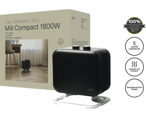 Radiateur soufflant Mill Compact 25,4 x 26,8 cm 1800 W noir avec pied en aluminium Radiateur soufflant Mill Compact 1800 watts avec cinq ans de garantie