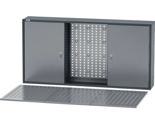 Set d'armoire suspendue Küpper 1200 x 600 x 200 mm 2 portes 4 tablettes gris Armoire à clés avec plaque perforée et rangement pour clés