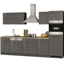 Cuisine moderne avec évier, lave-vaisselle, plaque de cuisson, hotte aspirante, four et meubles hauts.