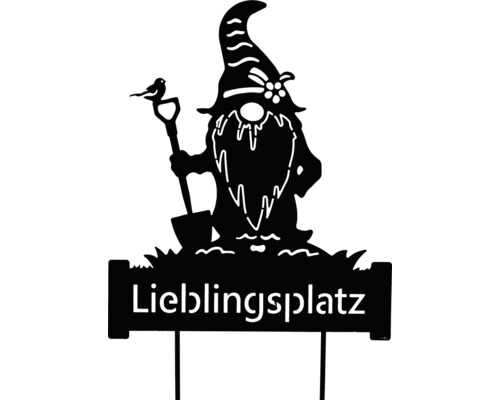 Gartenschild Lieblingsplatz mit Gartenzwerg und Vogel