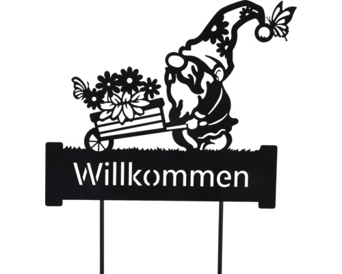 Gartenschild mit der Aufschrift Willkommen, Gartenzwerg, Schmetterlingen und Blumen