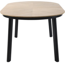 Tisch mit heller Holzplatte und schwarzem Gestell