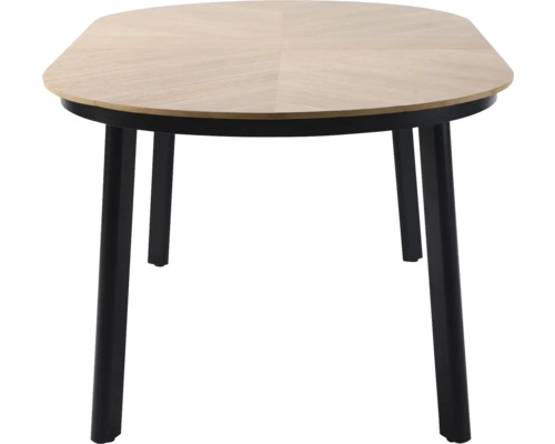 Tisch mit heller Holzplatte und schwarzem Gestell