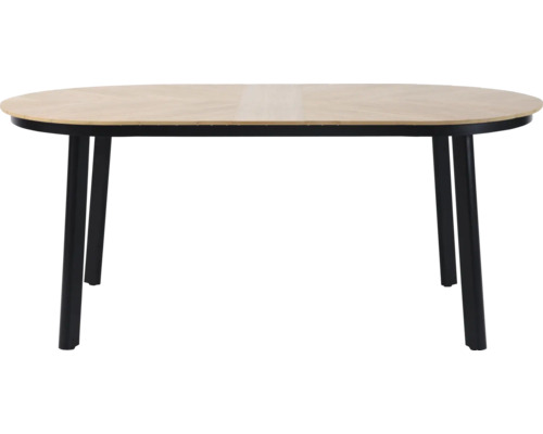 Ovaler Esstisch mit Holzplatte und schwarzen Beinen.
