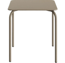 Quadratischer Tisch mit Metallgestell für den Innen- und Außenbereich.