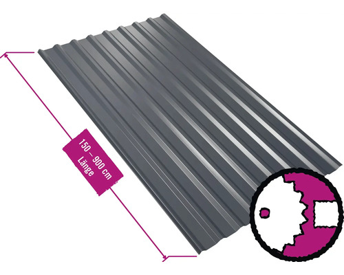 Plaque trapézoïdale PRECIT pour toit W20LR gris anthracite RAL 7016, largeur fixe 1135 mm x épaisseur 0,5 mm (produit au mètre de 150 à 900 cm max.) Tôles trapézoïdales grises d''une longueur de 150 à 900 centimètres.