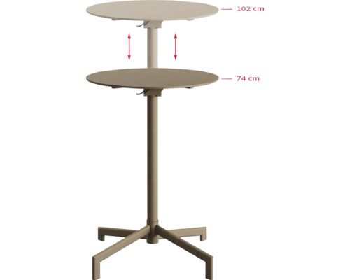 Table ronde réglable avec des dimensions de 102 cm et 74 cm.