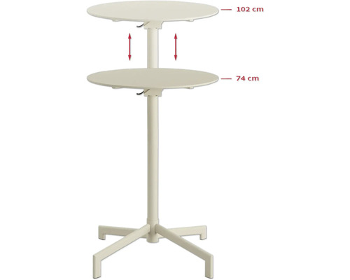 Table haute réglable en hauteur avec deux plateaux, plateau supérieur 102 cm, plateau inférieur 74 cm