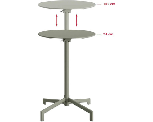 Table haute réglable en hauteur avec deux plateaux ronds et les dimensions 102 cm et 74 cm