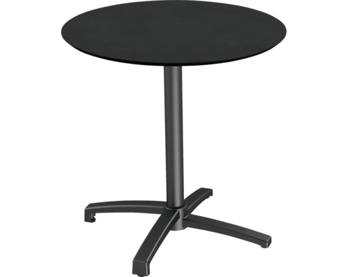 Table haute avec plateau rond et piètement cruciforme