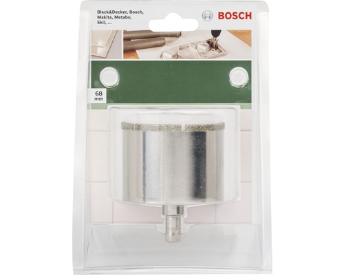 Scie cloche pour carrelage Bosch avec un diamètre de 68 mm dans son emballage.