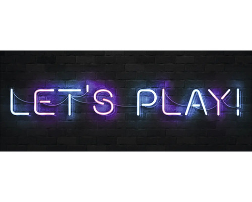Enseigne au néon indiquant ''Let''s Play'' sur un mur de briques