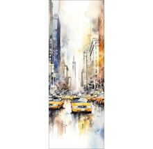 Aquarellbild einer belebten Stadtstraße mit gelben Taxis