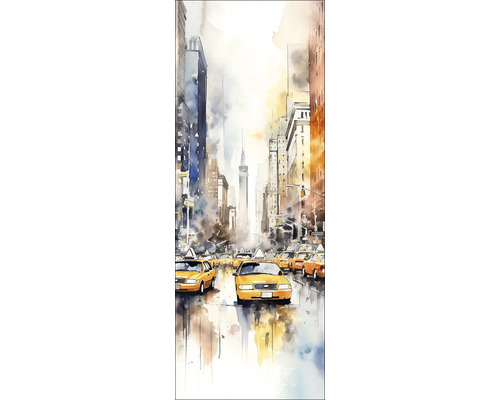 Aquarellbild einer belebten Stadtstraße mit gelben Taxis