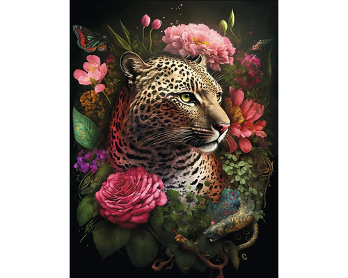Leinwandbild Leopard With Flowers 57x77 cm Leopard umgeben von Blumen und einem Schlangenmotiv