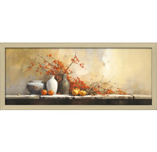 Gemälde mit Vasen, Äpfeln und blühenden Zweigen im Holzrahmen