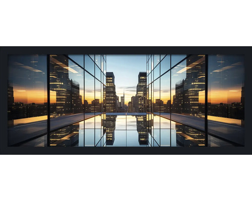 Gerahmtes Bild City Of Glass And Light 130x60 cm Dekorativer Wandspiegel mit Stadtbild