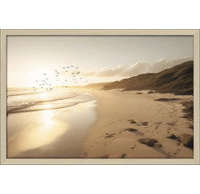 Gerahmtes Bild einer Küstenlandschaft mit Strand, Meer und Vogelschwarm