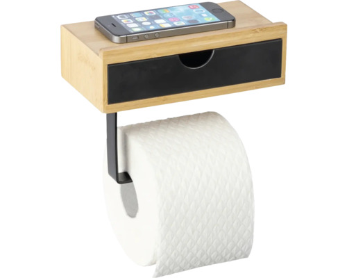 Toilettenpapierhalter mit Ablagefach und Mobiltelefon auf Ablage