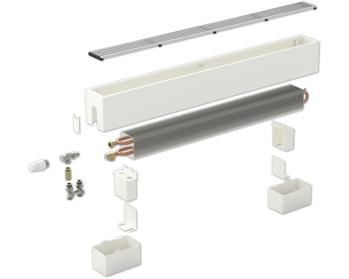 Schéma éclaté d''un radiateur avec couvercle, bloc de chauffage et vannes