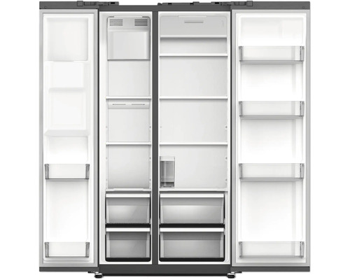 Réfrigérateur combiné américain ouvert avec compartiments et tiroirs