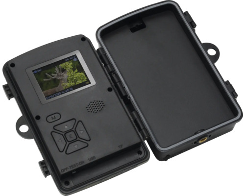 Geöffnetes Wildkamera Gehäuse mit Displayansicht eines Hirsches