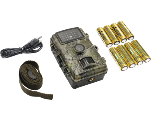 Wildkamera mit Tarnmuster, Batterien, Gurt und Kabel