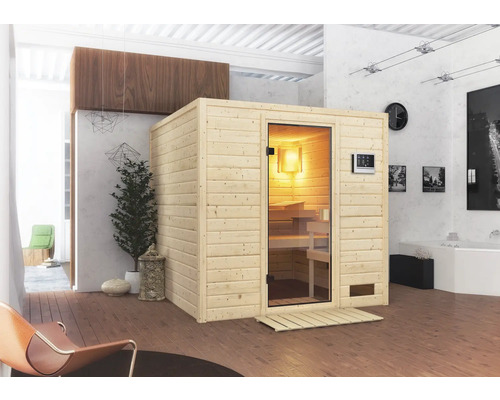 Sauna en bois massif Karibu Jara avec poêle 9 kW et commande externe sans couronne avec porte entièrement vitrée couleur bronze