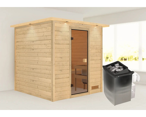 Sauna en bois massif Karibu Jara avec poêle 9 kW et commande intégrée avec couronne et porte entièrement vitrée couleur bronze