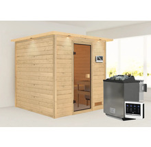 Massivholzsauna Karibu Jara inkl.9 kW Bio Ofen u.ext.Steuerung mit Dachkranz und bronzierter Ganzglastüre