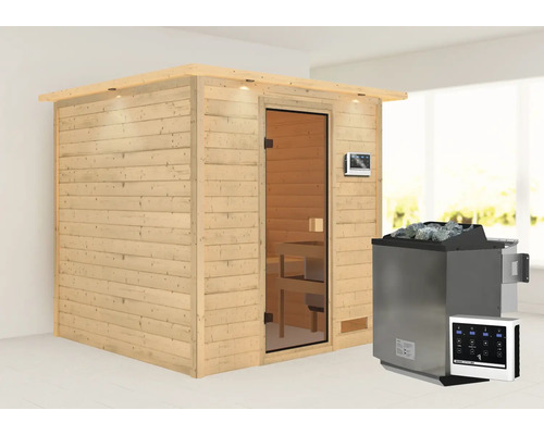 Sauna en bois massif Karibu Jara avec poêle bio 9 kW et commande externe avec couronne et porte entièrement vitrée couleur bronze