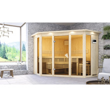 Sauna modulaire Karibu Armira 2 avec poêle 9 kW et commande externe, avec couronne et baie vitrée
