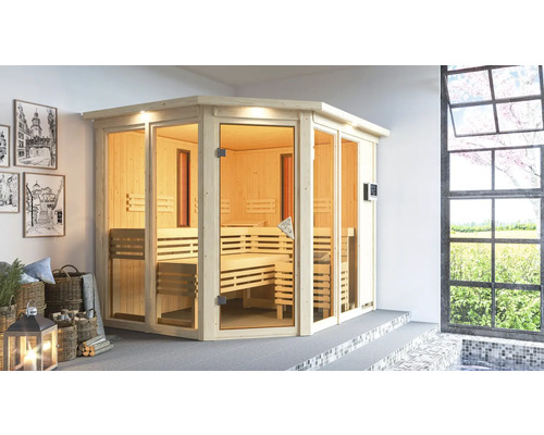 Sauna modulaire Karibu Avara avec poêle 9 kW et commande externe, avec couronne et porte entièrement vitrée couleur bronze