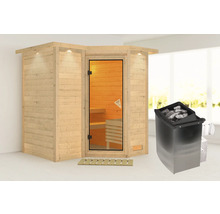 Sauna en bois avec porte en verre et poêle de sauna avec pierres de sauna