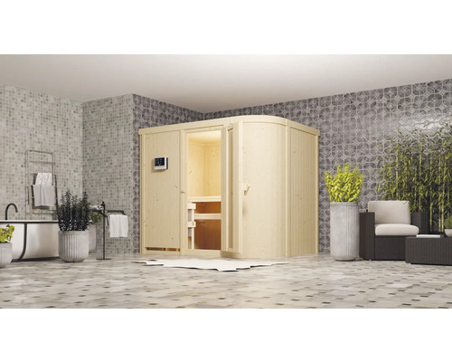 Sauna modulaire Karibu Korall IV avec poêle 9 kW et commande externe, sans couronne, avec porte en bois avec verre à isolation thermique