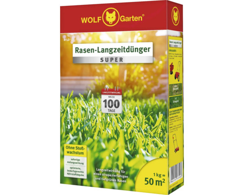 Rasen-Langzeitdünger WOLF Garten 'Super' 0,5 kg für 50 m² Wolf Garten Logo. Packung Rasen Langzeitdünger Super für 50 Quadratmeter Rasenfläche.