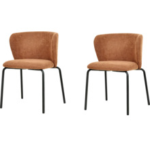 Deux chaises avec assise et dossier rembourrés et pieds en métal noir.