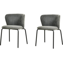 Deux chaises rembourrées grises avec pieds en métal noir.
