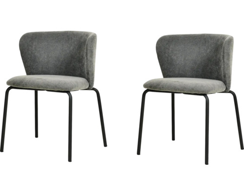 Deux chaises rembourrées grises avec pieds en métal noir.