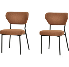 Deux chaises de salle à manger marron avec pieds en métal noir.