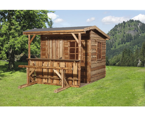 Abri de jardin weka Man Cave Rustikal avec inscription personnalisée, plancher, comptoir couvert avec siège 340 x 350 cm naturel