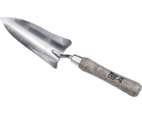 Transplantoir en acier inoxydable avec manche en bois et échelle de profondeur