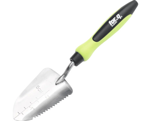 Petite pelle à main en métal avec bord dentelé et logo for.q