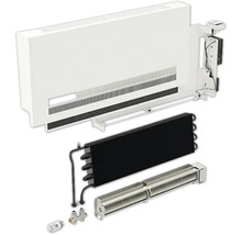 Vue éclatée d''un convecteur de radiateur avec habillage de radiateur, registre de radiateur, convecteur de ventilateur, vanne thermostatique et raccord vissé