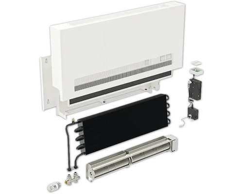 Vue éclatée d''un radiateur avec ventilo-convecteur et accessoires