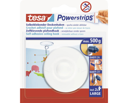 Tesa Powerstrips Crochet adhésif pour plafond, se retire sans laisser de traces, charge maximale 500 grammes